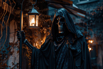 Scary grim reaper with sharp scythe in hell with dramatic background