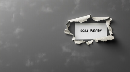 2024 review message on white card under torn gray paper, symbolizing the year ahead