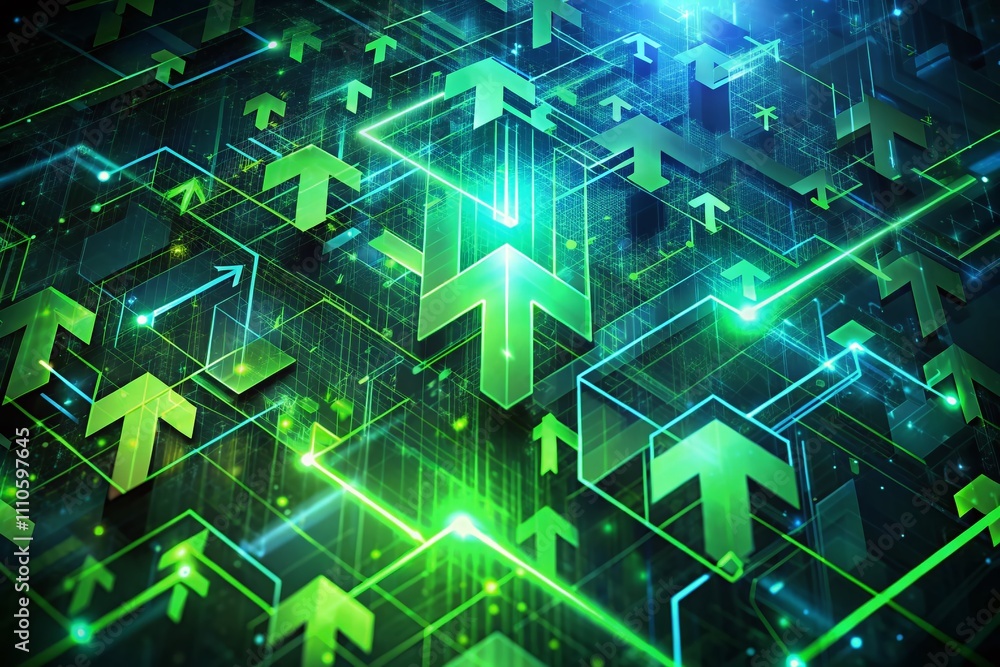 Poster abstract technology background featuring green arrows pattern texture on a dark full-screen canvas f