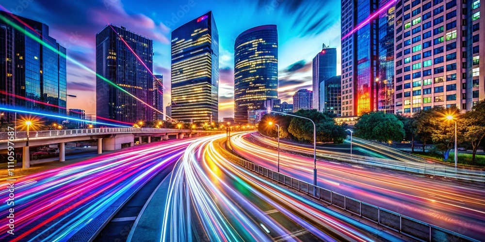 Poster abstract technology background showcasing fast connection in the city with dynamic light trails and 