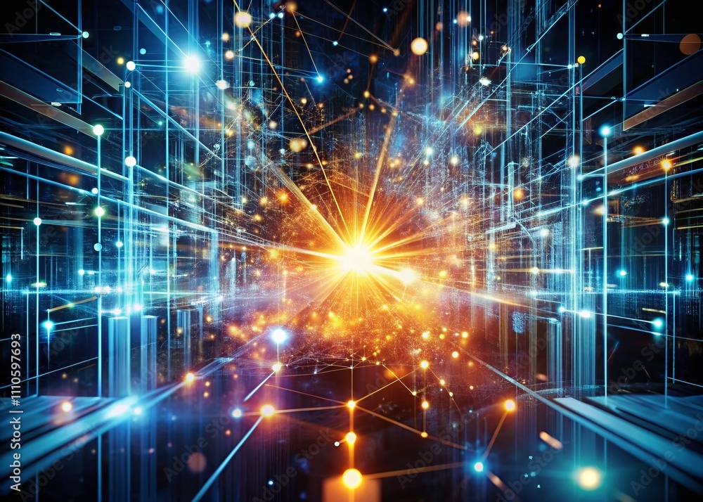 Poster abstract technology concept featuring glowing lines of light and digital particles on dark backgroun