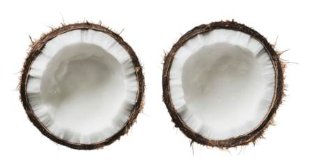 Fresh coconuts reveal inner texture, cut out - stock png.