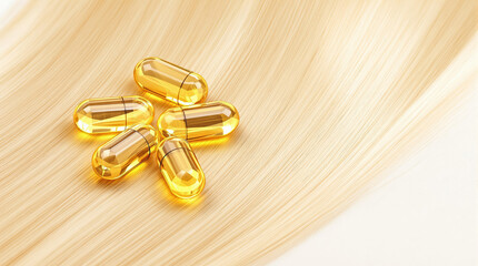 Five golden capsules arranged on soft blonde strands highlight beauty and hair nourishment options