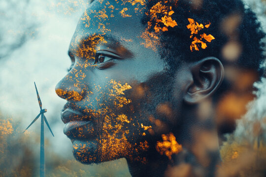 Environmental portrait of man with nature and wind turbine overlay - Powered by Adobe