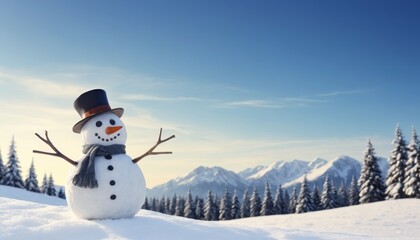 Fototapeta premium illustration of a snowy landscape at day mountain background with a smiling snowman