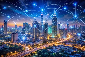 Fototapeta premium Abstract Visualization of a Smart City with IoT Wireless Communication Networks and High Depth of Field, Showcasing Connectivity and Urban Technology Integration