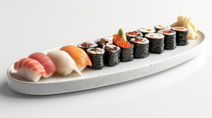 Sushi perfection, showcasing a beautifully presented sushi platter, made with the finest ingredients and crafted with precision, artfully arranged on a white side view 