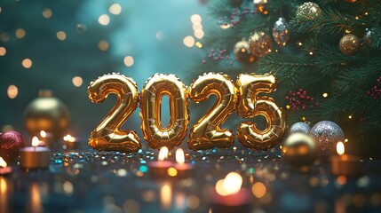 A festive New Year 2025 celebration scene with golden balloons forming the numbers '2025', surrounded by sparkling confetti, fairy lights, and a soft glow of candles. 