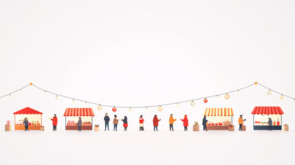 A detailed vector representation of a holiday market with booths neatly arranged under minimalist string lights and subtle holiday accents. People in warm winter clothing shop for festive goods while