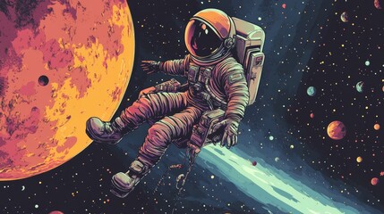 watercolor drawing. background with picture of person. colorful picture. a man in space in a spacesuit. an astronaut among the stars.