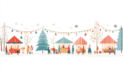 A clean vector depiction of a Christmas market, with small booths arranged neatly and decorated with elegant lights and garlands. People dressed in colorful winter clothing interact in the
