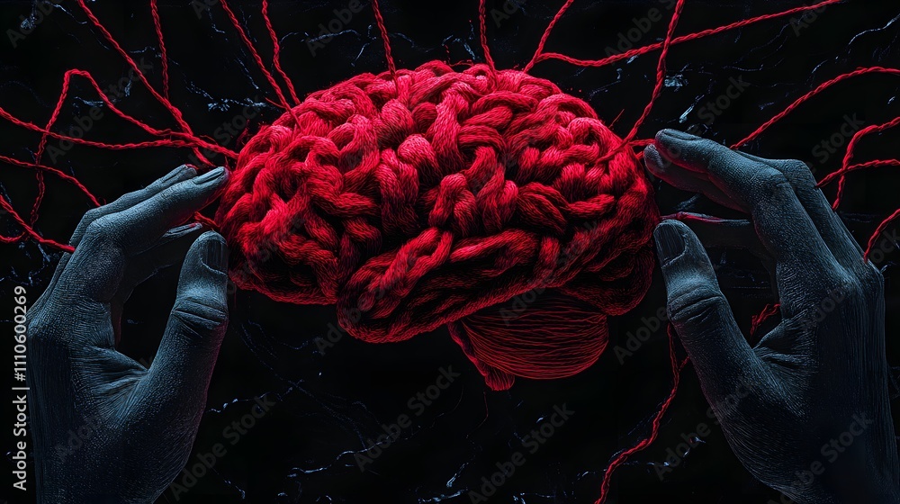 Poster red thread-wrapped brain held by hands against a black background symbolizing entangled idea and tho