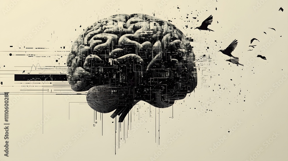 Poster digital brain dissolving into fragmented data with abstract birds flying away