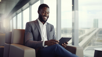 Fototapeta premium generated illustration of mature man working with a tablet at the airport in the waiting room.