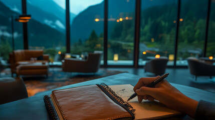 Focused Collaboration: A Hand Taking Notes Amidst a Vibrant Brainstorming Session in a Modern Office