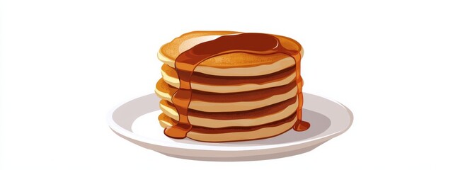 A stack of fluffy pancakes with maple syrup cascading down, isolated white background, pop art style