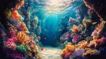 Obraz premium Vibrant Coral Reef Underwater Scene With Colorful Fish