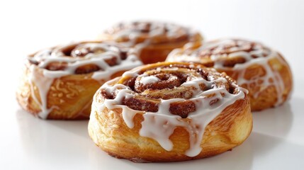 Fototapeta premium Sweet perfection, featuring freshly baked cinnamon rolls, smothered in a rich icing, beautifully presented on a pristine white background 