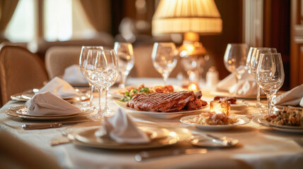 Fototapeta premium Grilled steak dinner served on elegant table with wine glasses and candlelight