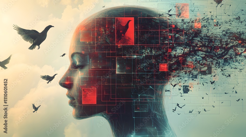 Poster glowing digital profile with circuit and bird symbolizing neural networks and modern technology