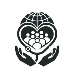 Naklejka premium An icon symbolizes health, community, and public well-being. Include elements such as a stethoscope forming a heart, encircling a group of people, a globe representing global health, stylized hands 