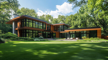 odern Scandinavian townhouses with natural wooden cladding and sleek black facades, embodying minimalist design and harmonious integration of nature and architecture.
