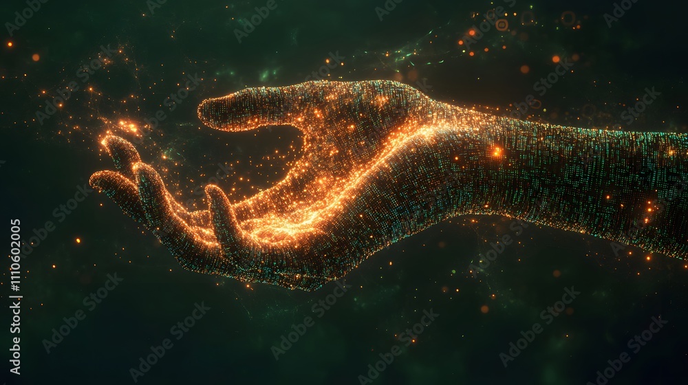 Poster digital hand glowing with light pattern in a futuristic neural network abstract concept