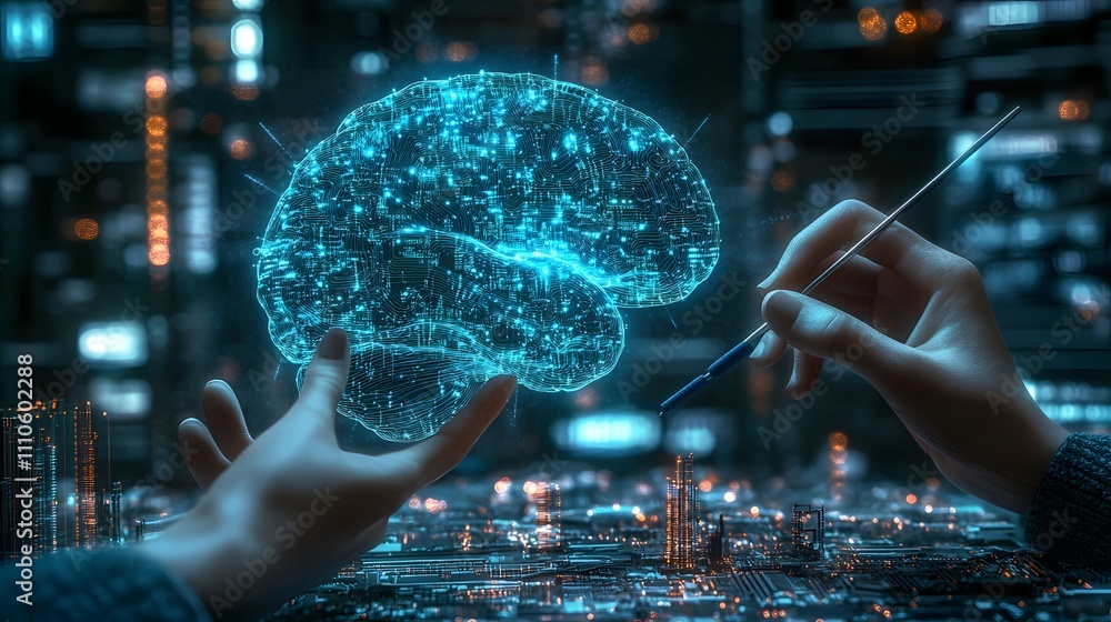 Poster digital brain hologram in futuristic setting held by human hand with precision tool for innovation