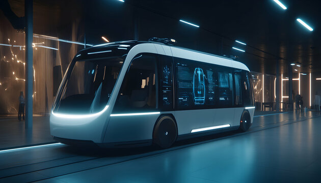 Futuristic autonomous tram in a modern, illuminated underground station. Sleek design, glowing displays, and advanced technology. Perfect for illustrating future transportation and urban environments.