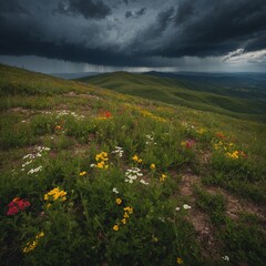 A wildflower-covered hillside beneath stormy skies.

