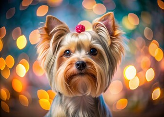 Naklejka premium Adorable Yorkie with a Fresh Yorkie Cut Amidst a Soft Bokeh Background, Showcasing the Charming Features and Playful Nature of This Beloved Dog Breed