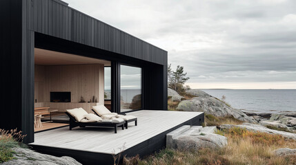 odern Scandinavian townhouses with natural wooden cladding and sleek black facades, embodying minimalist design and harmonious integration of nature and architecture.