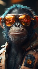 Chimpanzee wearing reflective sunglasses and futuristic leather outfit