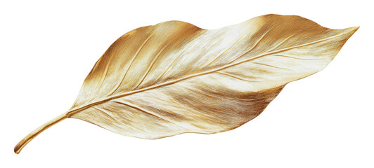 Golden leaf art piece on white background, cut out - stock png.
