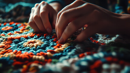 Artistic Focus on Hands Crocheting Intricate Patterns with Colorful Yarn in a Creative Workspace