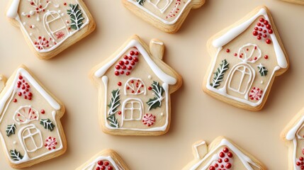 Decorated holiday cookies shaped like houses, festive and colorful. christmas baking and sweets concept