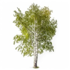 Isolated birch tree with green leaves.