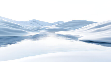 Serene Snow Landscape Depicting a Frozen Lake Surrounded by Gentle Hills Isolated on a Pure White Background Capturing Winter's Tranquility