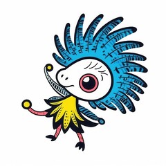 A playful cartoon creature with vivid blue spiky hair and a yellow outfit, joyfully juggling colorful balls.