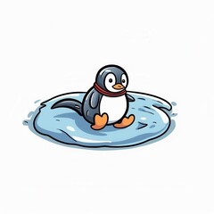 A cute cartoon penguin sitting on a patch of ice, exuding a playful and cheerful mood.