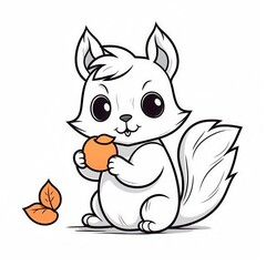Obraz premium Cute cartoon white squirrel happily holding an orange, with a playful expression.