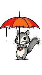 A cute cartoon grey squirrel holding a bright red umbrella, exuding a playful and cheerful mood.