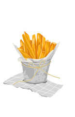 French fries in paper and iron bucket issolated on white
