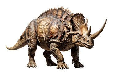 Obraz premium 3D render of a prehistoric herbivore dinosaur, featuring detailed scales, horns, and textures, set against a black background.