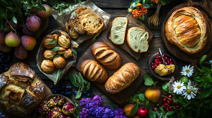 A Colorful Culinary Feast of Home-Baked Breads and Pastries Modeled Elegantly on a Rustic Wooden Table