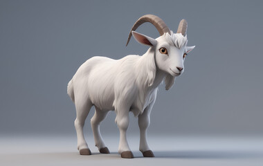 Fototapeta premium A cute, fluffy white cartoon goat with brown horns and hooves stands against a gray background.