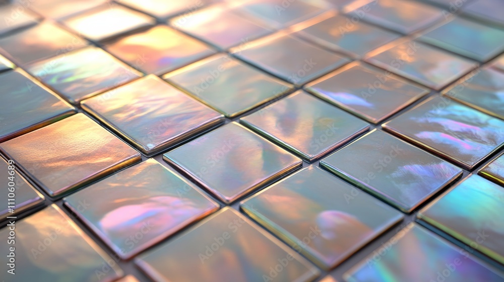 Poster iridescent mosaic tiles reflecting multicolored light, close-up pattern. decorative art and design c