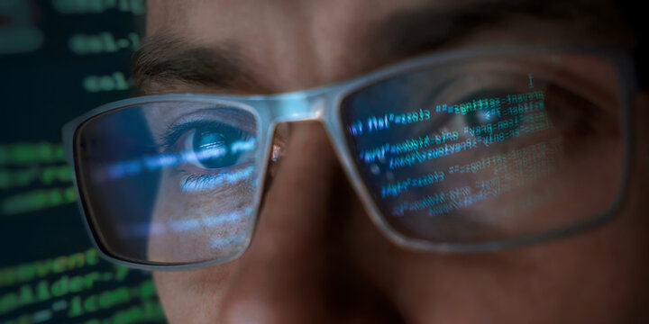 A close-up of a focused programmer's face wearing eyeglasses which reflect lines of glowing green and blue programming code. Hacker, cybersecurity and AI concept