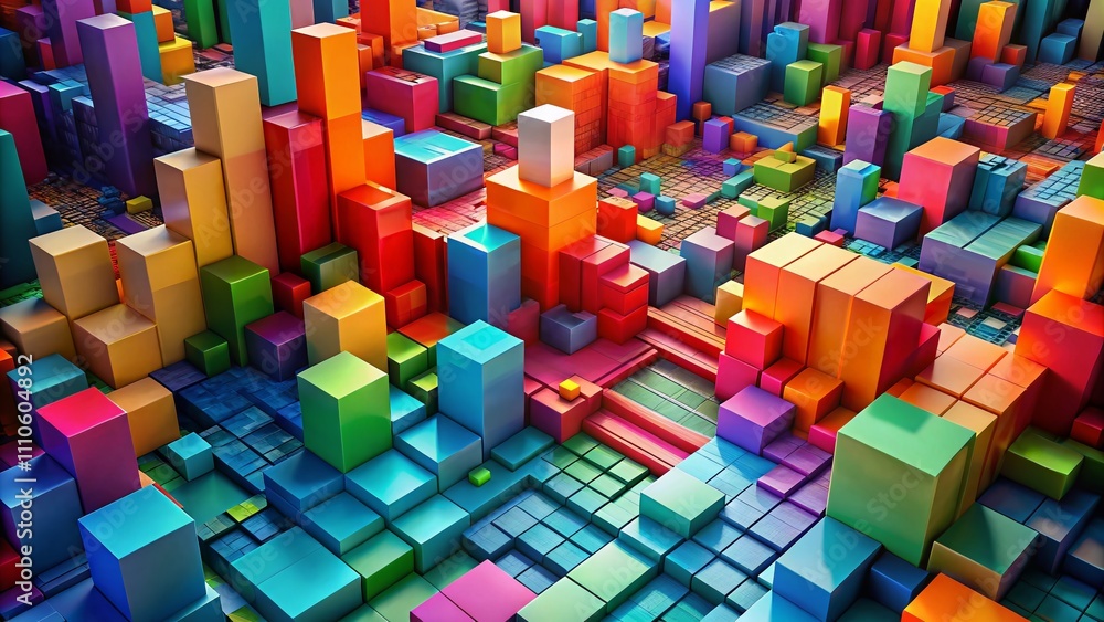 Poster aerial view of abstract colorful 3d blocks forming a vibrant geometric landscape with depth and dime