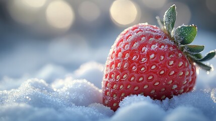Strawberry covered in frost with blurred background. Freshness and winter concept
